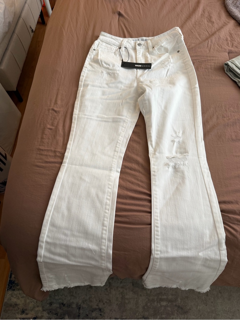 Fashion Nova White Distressed Flare Jeans